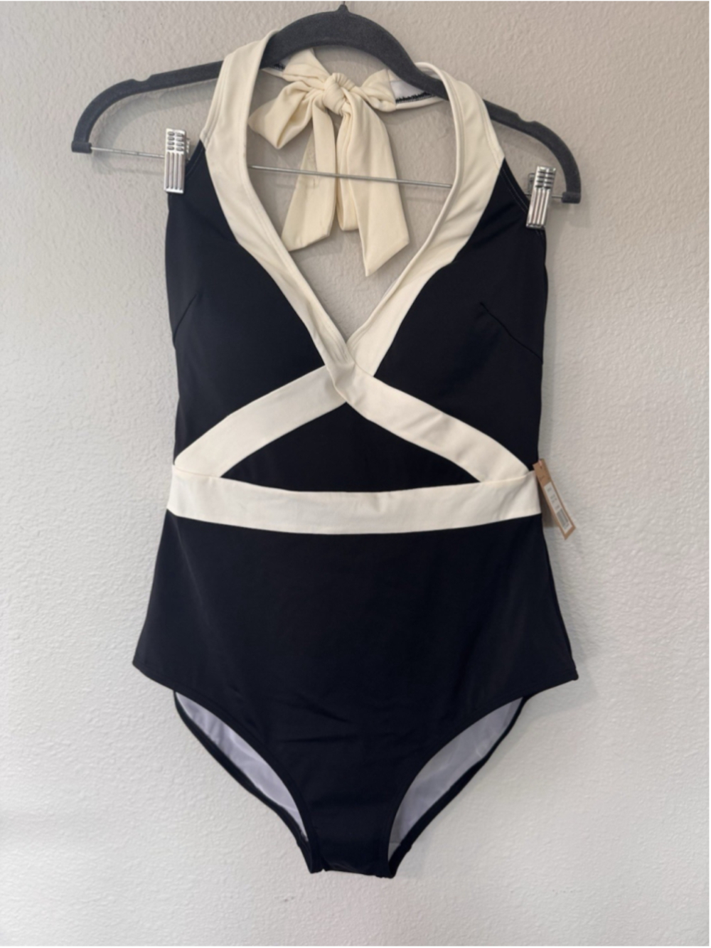Boden One Piece Swimsuit US 12 Black Ivory Halter Tie Tummy Control NWT